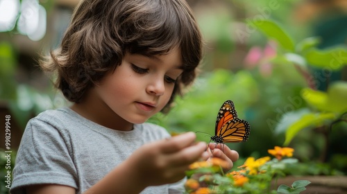 Curious 8 year old boy examining a butterfly in a garden, fascinated and engaged. Educational toys, nature programs. photo