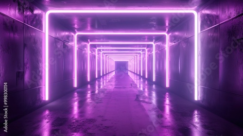 Abstract futuristic square tunnel with purple neon lines, 3D render, design space