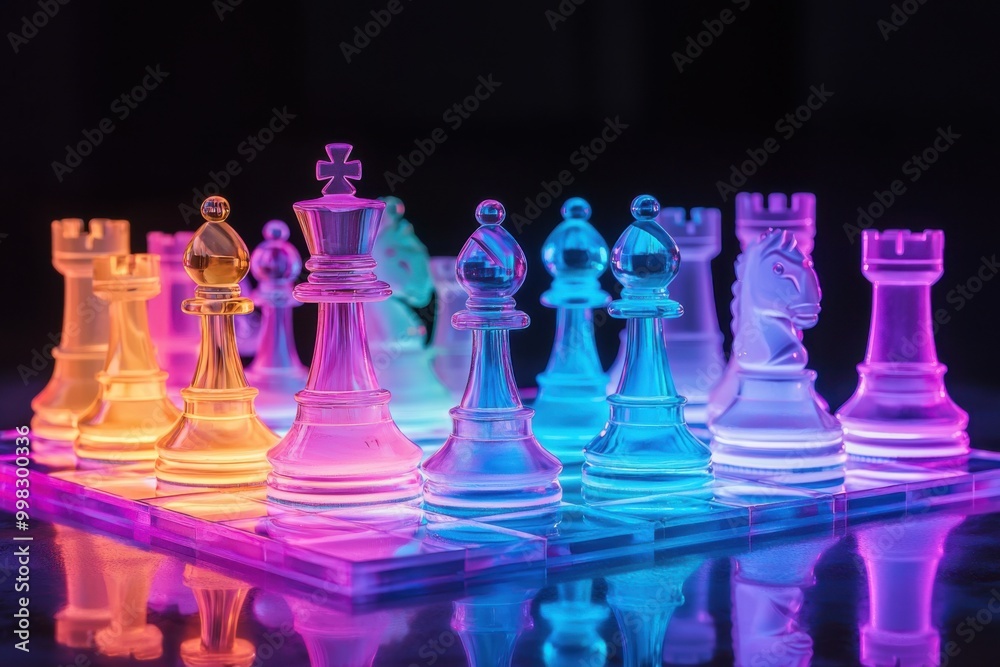 Vibrant illuminated chess set with colorful pieces Vibrant illuminated chess set with colorful pieces