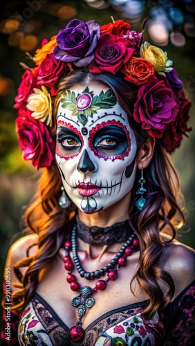 Woman with intricate sugar skull makeup surrounded by colorful roses, evoking the spirit of the Day of the Dead celebration.