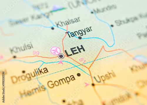 Leh on a map of India with blur effect.