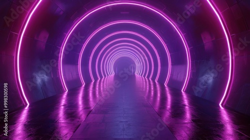 Abstract futuristic tunnel with purple neon lines, 3D render