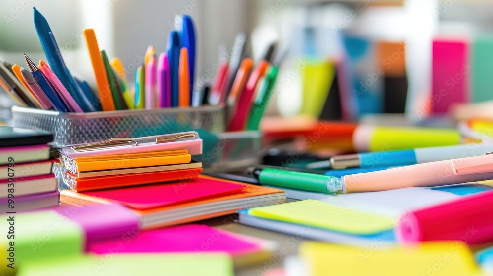 Cluttered Office Desk with Supplies and Stationery Items Cluttered Office Desk with Supplies and Stationery Items