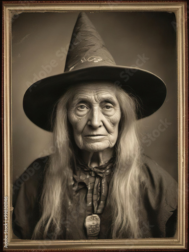 This is a vintage portrait of a witch, made to look like an old daguerreotype photograph. It was created using generative AI. photo