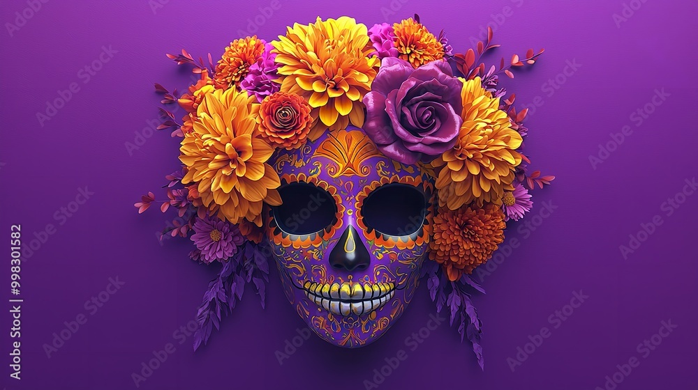 dia de los muertos festive Catrina mask with dahlias, roses and orange marigolds on a vibrant bold purple background