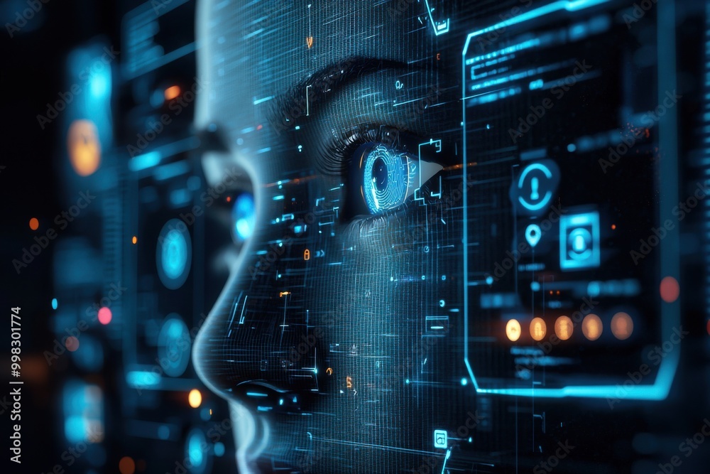 Futuristic digital interface with a humanoid eye Futuristic digital interface with a humanoid eye