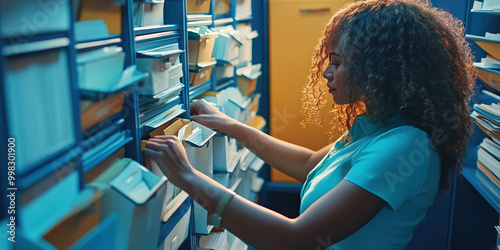 Patient Pursuer: A woman methodically searching through drawers filled with files. photo