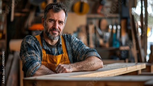 Focused male carpenter crafting furniture in his workshop, skilled and meticulous. Home improvement stores, woodworking tools, custom furniture.