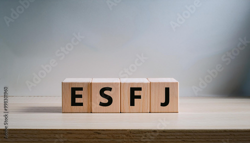 Wooden cubes with abbreviation ESFJ. Extraverted, Sensing, Feeling, Judging. Personality type. photo