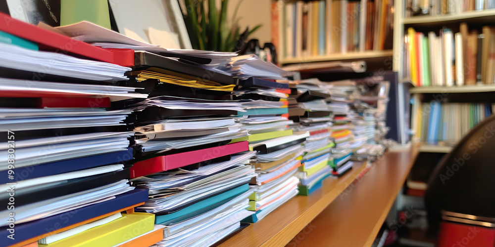 Organized Clutter: A desk lined with neat stacks of paper and color-coded folders. Organized Clutter: A desk lined with neat stacks of paper and color-coded folders.