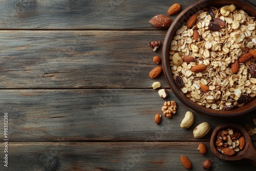 A bowl of oatmeal and nuts on a rustic wooden background. Great for showcasing healthy breakfast options.