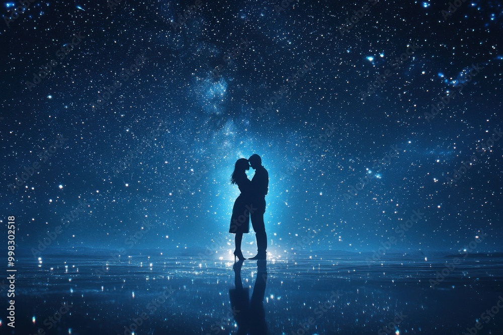 Romantic silhouette under a starry night sky Romantic silhouette under a starry night sky