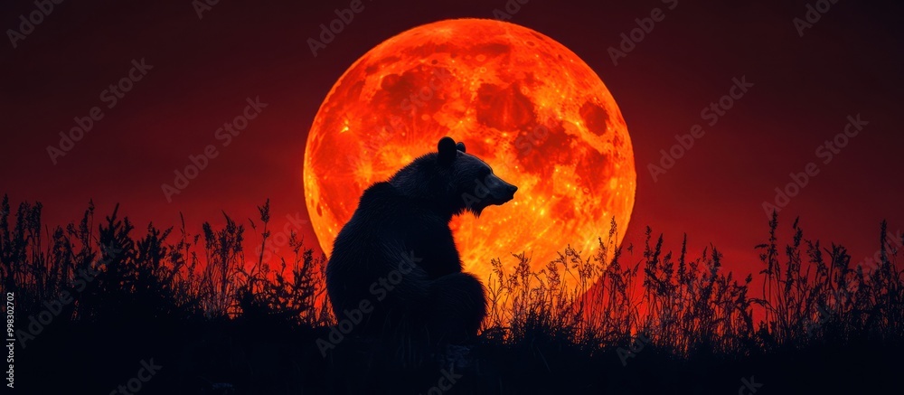 Silhouetted bear sitting in front of a red full moon. Silhouetted bear sitting in front of a red full moon.