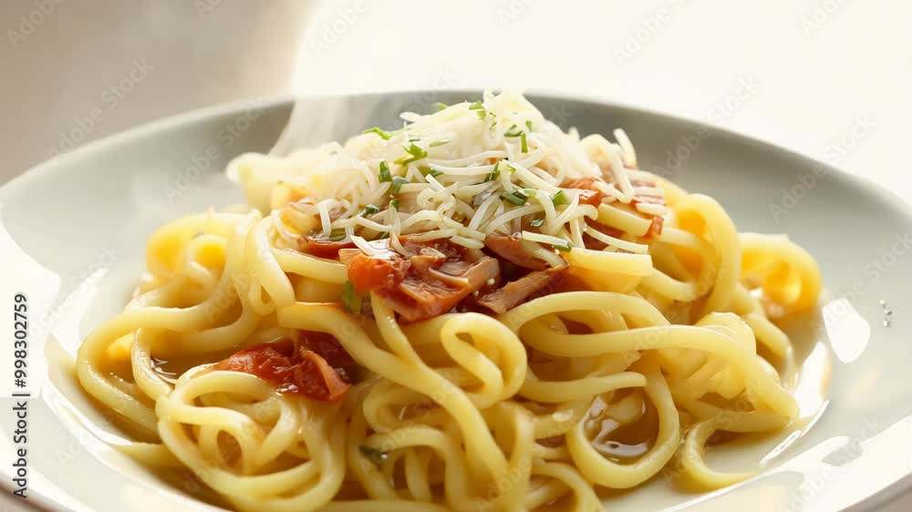 Plate of pasta with grated cheese, herbs, and sun-dried tomatoes in a light sauce Plate of pasta with grated cheese, herbs, and sun-dried tomatoes in a light sauce