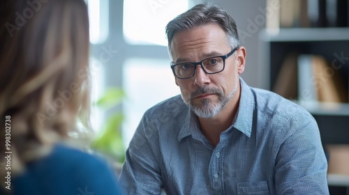 Gentle 50s male therapist listening attentively to a client in an office setting, empathetic and professional. Mental health services, counseling centers, wellness apps.