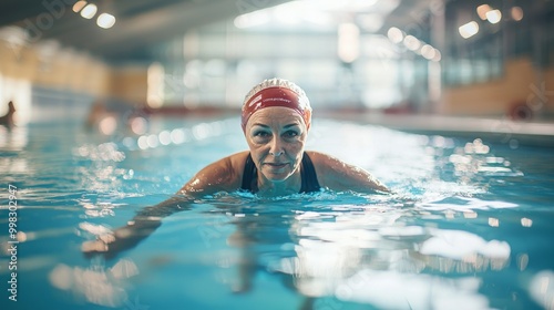 Graceful 60s female swimmer doing laps in an indoor pool, fit and dedicated. Fitness centers, swimwear brands, health programs.