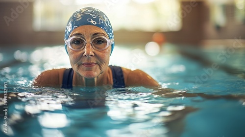 Graceful 60s female swimmer doing laps in an indoor pool, fit and dedicated. Fitness centers, swimwear brands, health programs.