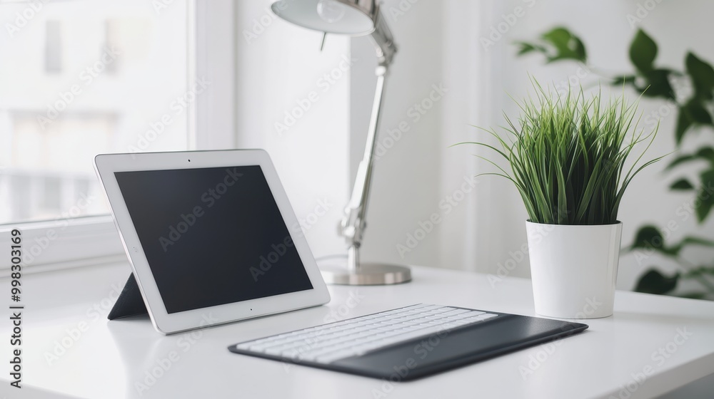 Sleek Minimalist Desktop with Tablet and Keyboard Sleek Minimalist Desktop with Tablet and Keyboard
