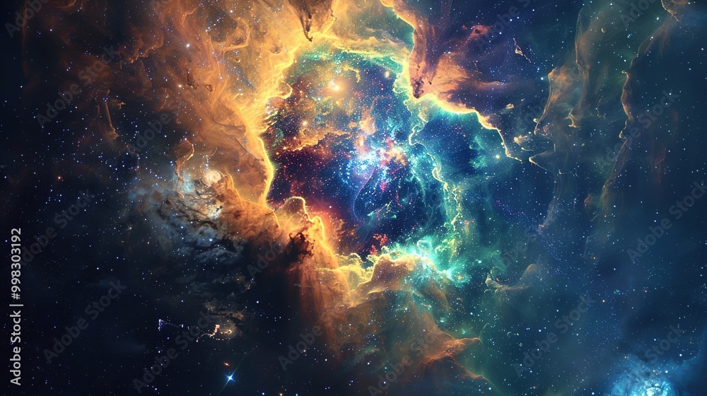 Illustration of a space cosmic background of supernova nebula and stars, glowing mysterious universe Illustration of a space cosmic background of supernova nebula and stars, glowing mysterious universe