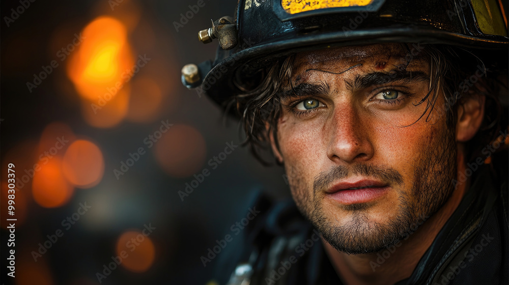A young firefighter with captivating green eyes faces intense flames, embodying courage and focus while engaged in a challenging rescue mission A young firefighter with captivating green eyes faces intense flames, embodying courage and focus while engaged in a challenging rescue mission
