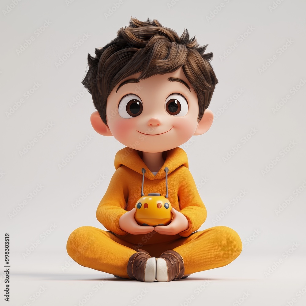 Cute Cartoon Boy Holding a Yellow Toy Cute Cartoon Boy Holding a Yellow Toy