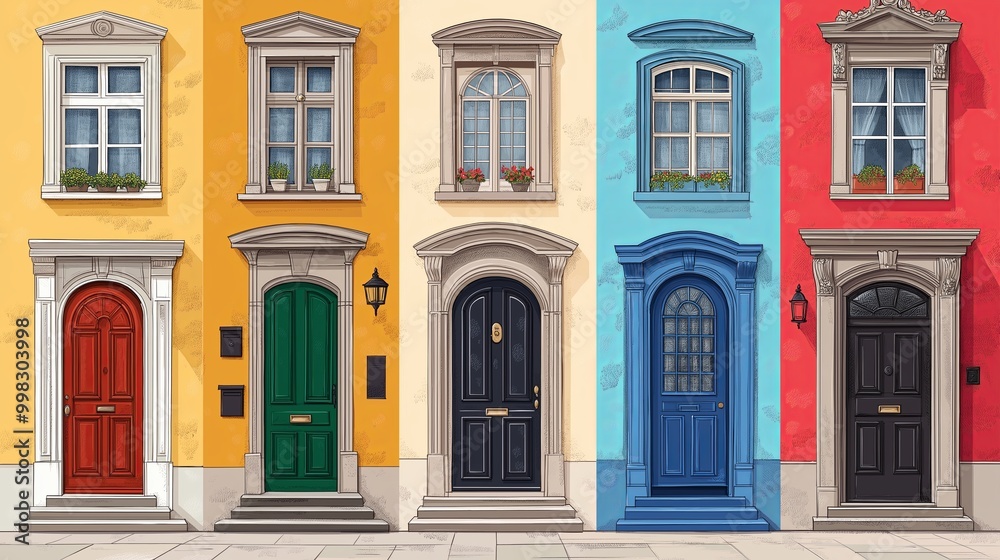 Obraz premium Collection, set of colorful doors in different styles. Colorful illustration.
