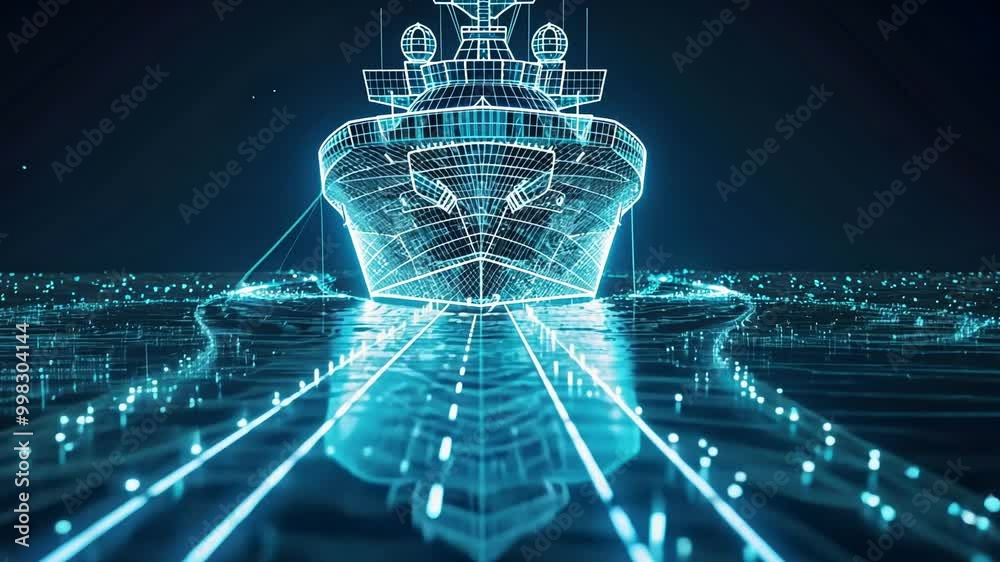 Futuristic digital ship navigating virtual ocean in neon blue wireframe