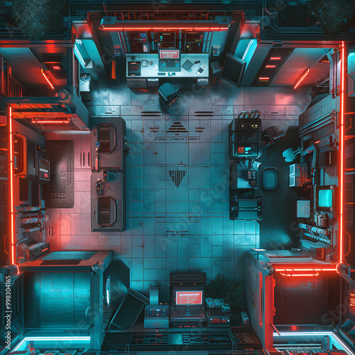 Futuristic Cyberpunk City Battle Map for DnD, Detailed Top-Down RPG Map, High-Resolution Sci-Fi Background for Virtual Tabletop Games, Neon-Soaked Urban Setting for Cyberpunk Campaigns and Adventures