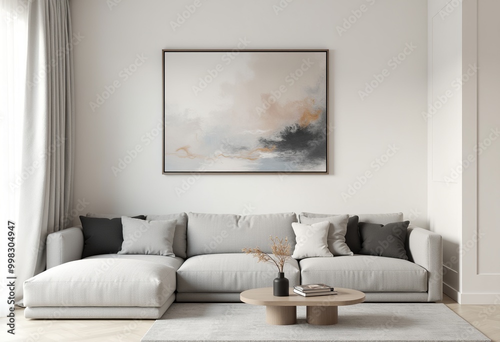Serene Space: Gray Sofa, Sleek Coffee Table, and Soft Lighting Serene Space: Gray Sofa, Sleek Coffee Table, and Soft Lighting