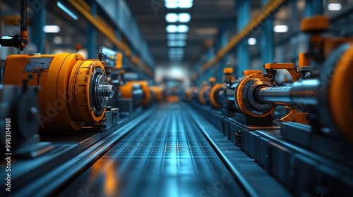 A long row of industrial machinery in a factory setting.