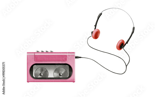 Portable 80's, 90's style retro cassette player in pink color with no cassette inside and orange headphones. Watercolor illustration isolated on white in realistic style
