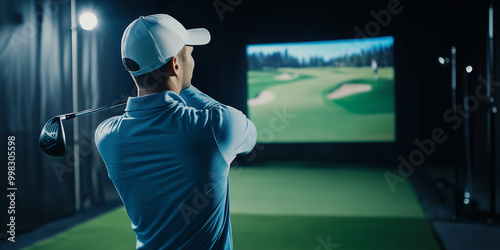 Professional male golfer using indoor golf simulator photo