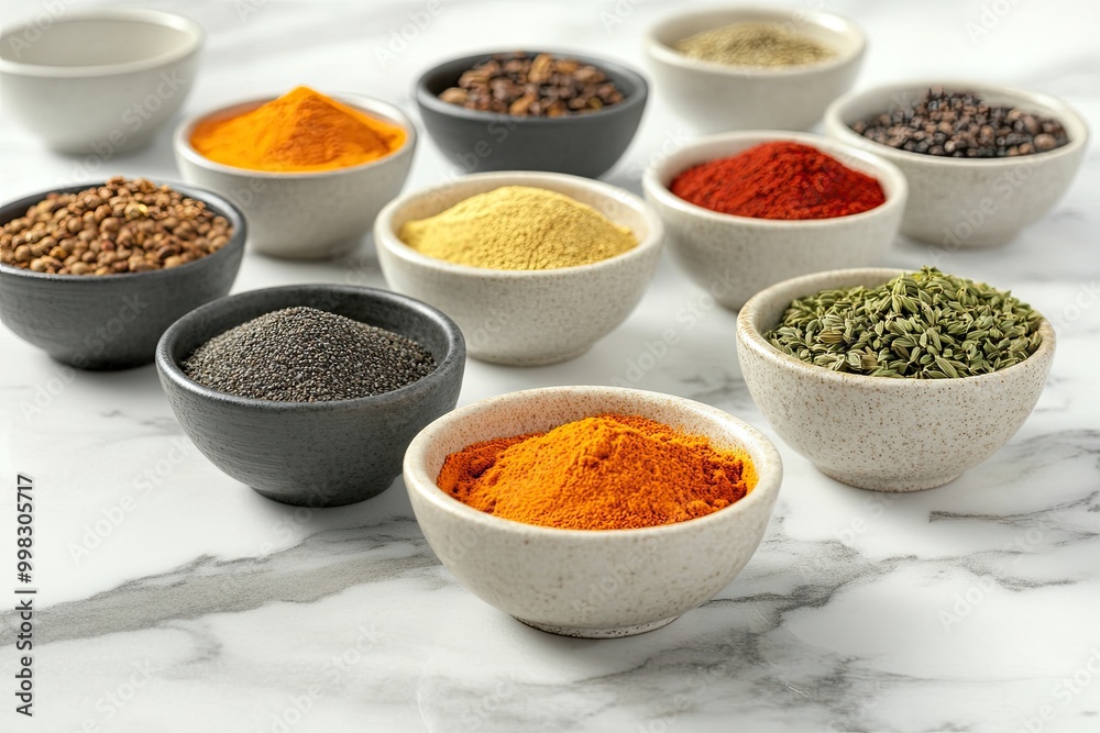 Various spices in bowls on a marble surface. Perfect for culinary and food-related projects, recipe websites, or advertisements.