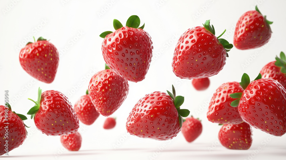 Fresh strawberries in mid-air, creating a vibrant splash of color against a bright background during a sunny day Fresh strawberries in mid-air, creating a vibrant splash of color against a bright background during a sunny day