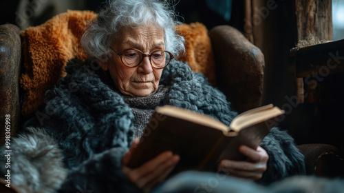 A senior woman with gray hair enjoys reading a book while wrapped in a cozy blanket, creating a warm atmosphere despite the cool weather