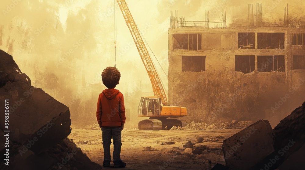 Fototapeta premium A Young Boy Stands Amidst the Ruins of a Destroyed Building