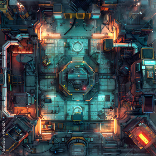 High-Tech Cyberpunk Battle Map for DnD, Top-Down Sci-Fi Map for Tabletop Role-Playing Games, Futuristic Urban Adventure Background, Virtual Tabletop Resource for Dark Cityscapes and Neon-Lit Environme