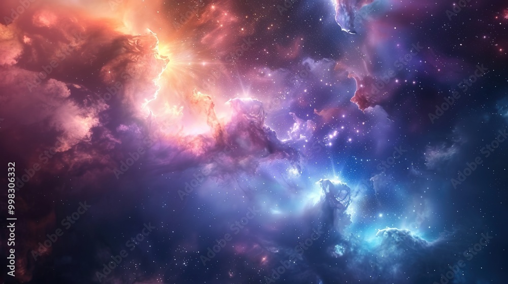 Illustration of a space cosmic background of supernova nebula and stars, glowing mysterious universe Illustration of a space cosmic background of supernova nebula and stars, glowing mysterious universe