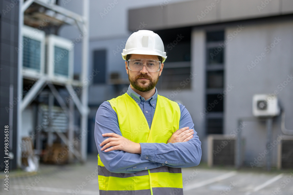 Confident construction worker wearing safety helmet and vest at industrial site, emphasizing safety and professionalism Confident construction worker wearing safety helmet and vest at industrial site, emphasizing safety and professionalism