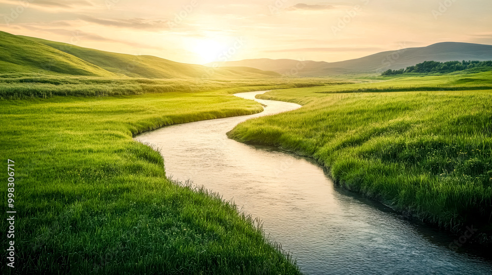 River flowing through green meadow at sunset River flowing through green meadow at sunset