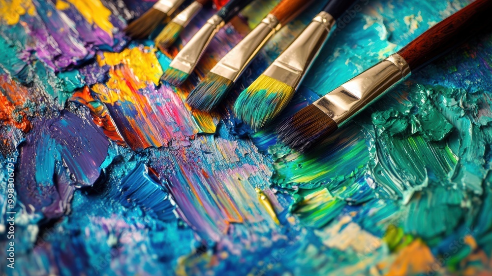 Fototapeta premium Bright paint splashes decorate a palette while brushes lie ready on a canvas, capturing a moment in an artist’s creative process. Generative AI