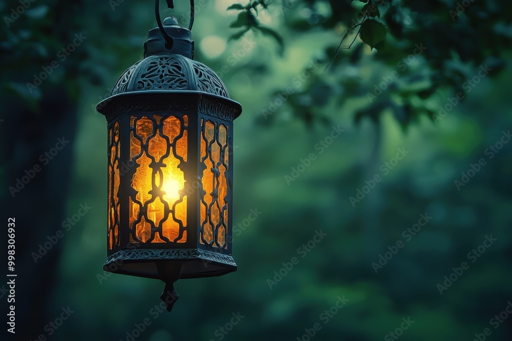 Elegant lantern glowing softly in a serene forest setting Elegant lantern glowing softly in a serene forest setting