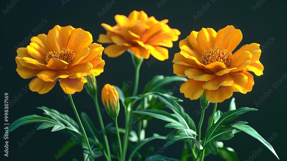 Fototapeta premium Beautifully blooming orange Tagetes / Marigoldflowers close up macro against black background