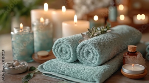 Two rolled blue towels on a wooden table with candles, leaves, and a glass bottle.