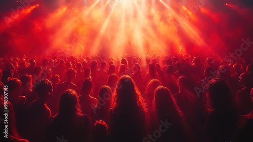 A blurred crowd of people silhouetted against a bright red spotlight in a concert venue.