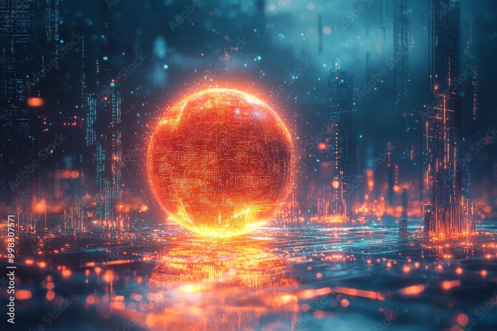 Futuristic glowing orb in a digital landscape Futuristic glowing orb in a digital landscape