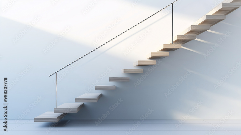 Minimalist staircase design featuring open wooden steps and metal railings, set against a white wall with minimal decor Minimalist staircase design featuring open wooden steps and metal railings, set against a white wall with minimal decor