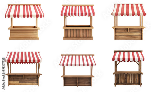 Collection of 3D wooden market stand stall with red white striped awning front view isolate on transparent background photo