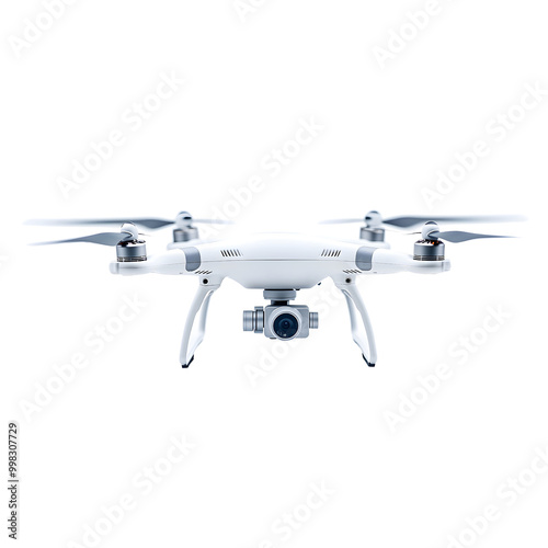 A sleek white drone with four propellers and a front-mounted camera, designed for aerial photography and videography.