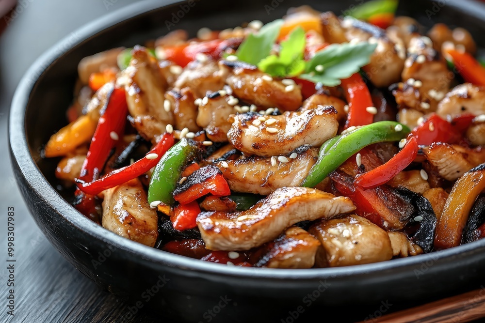 Chicken stir fry with peppers and sesame seeds. This photo is perfect for use in a blog post or social media campaign about healthy and delicious food. Chicken stir fry with peppers and sesame seeds. This photo is perfect for use in a blog post or social media campaign about healthy and delicious food.